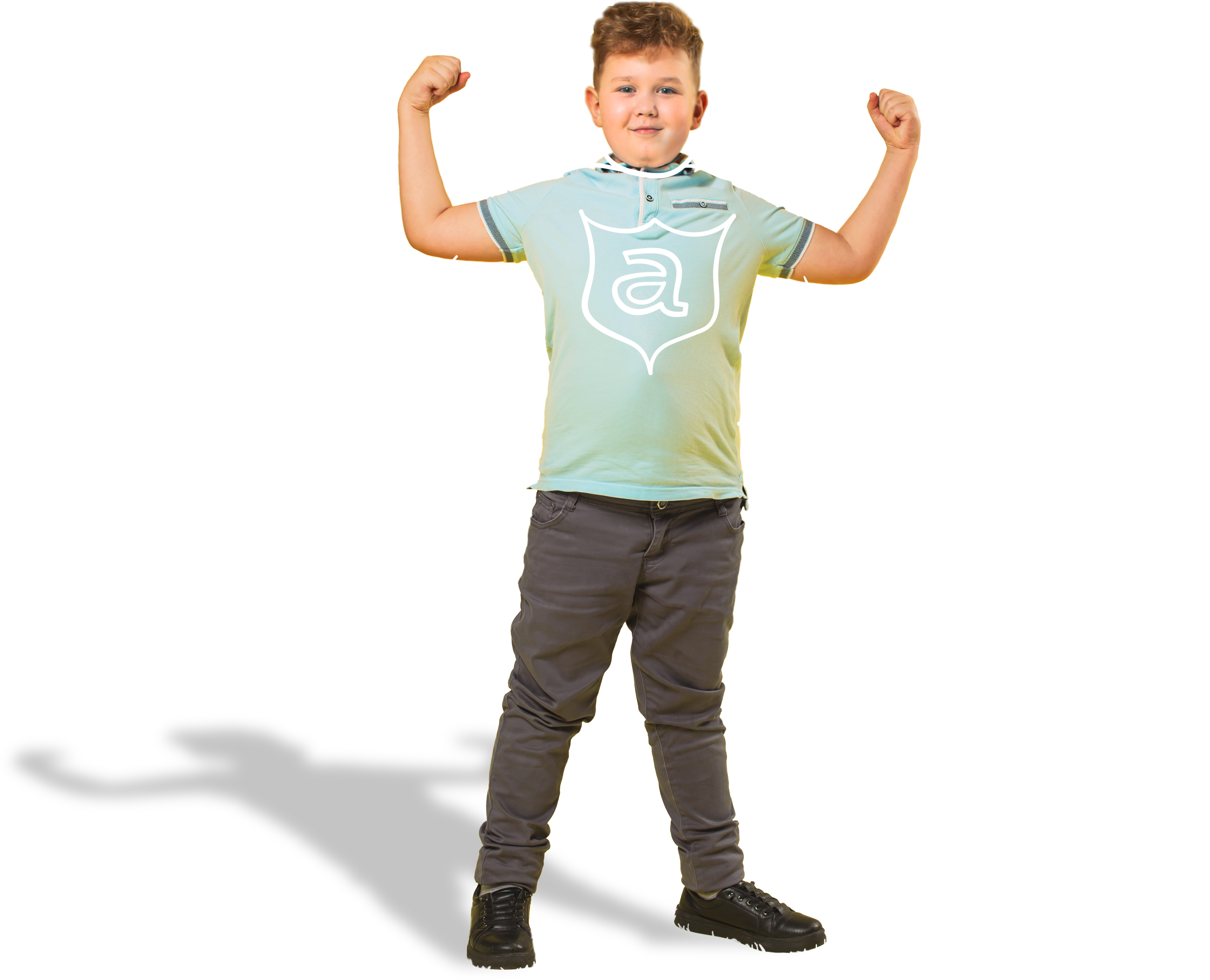 Child with sketched cape and sketched shield featuring a lowercase letter a on his shirt imagining himself as a superhero